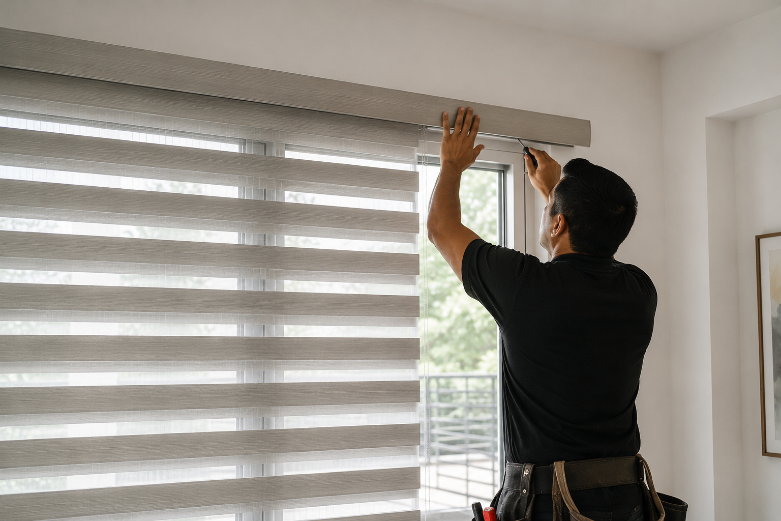 Professional installer mounting custom blinds in a Metro Vancouver home