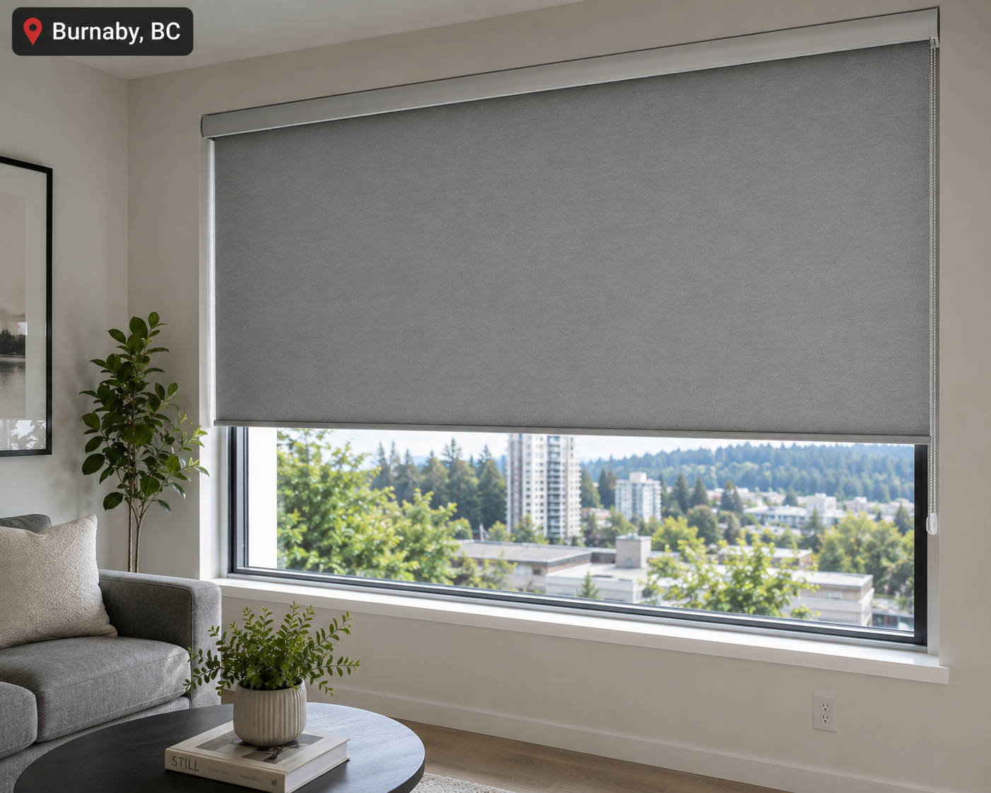 Roller blinds installed in a Burnaby, BC apartment