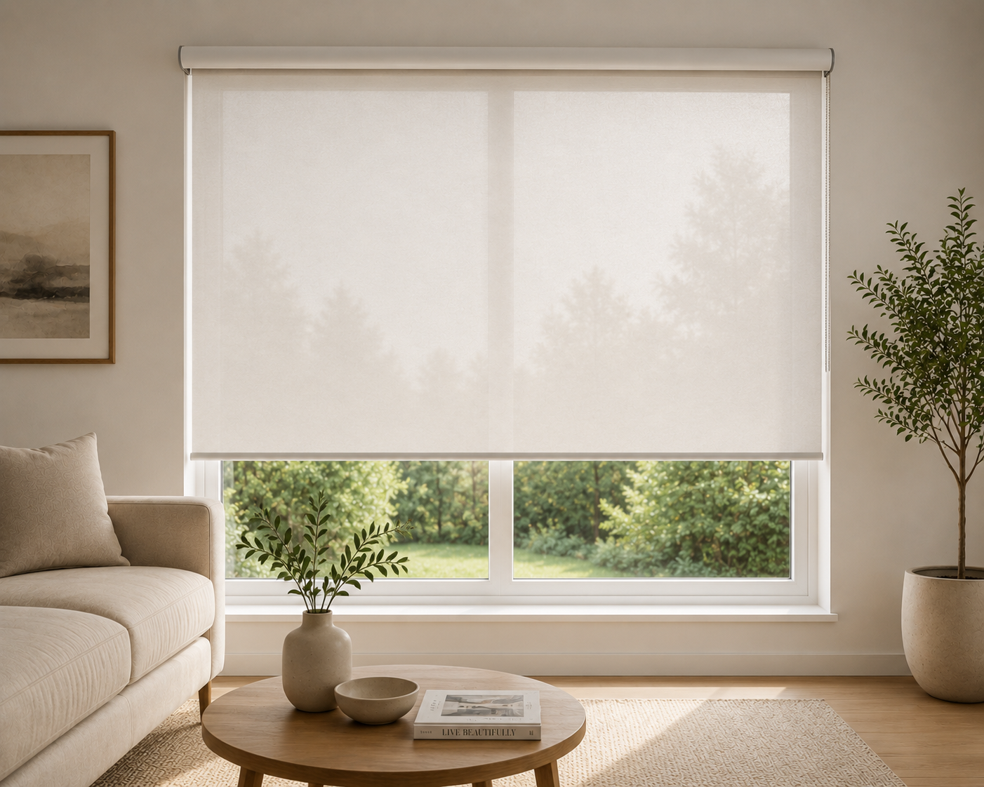 Light-filtering roller shade installed on a large window in a Metro Vancouver home