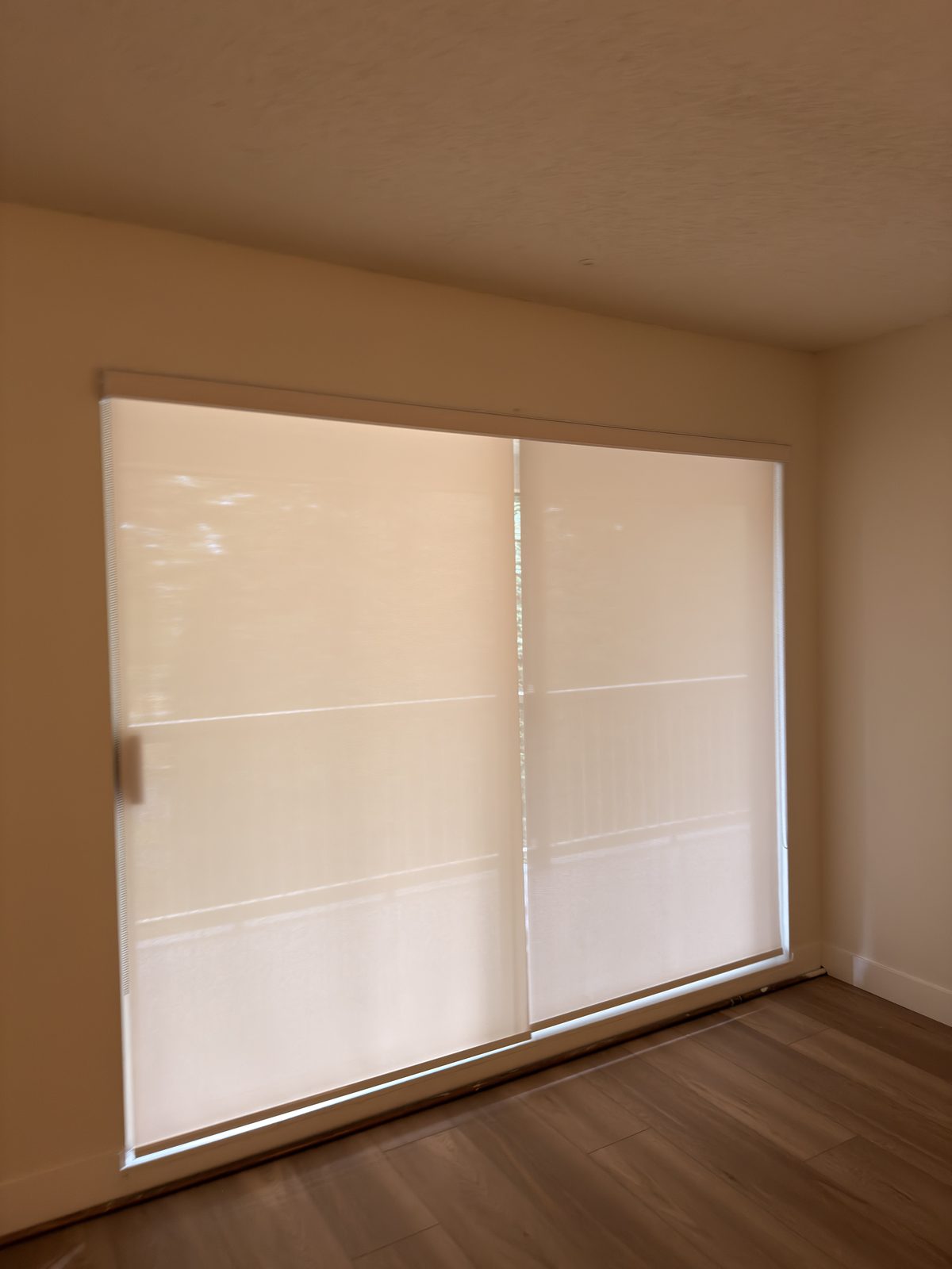 Light-filtering roller shades lowered over a sliding glass door, installed by SMI