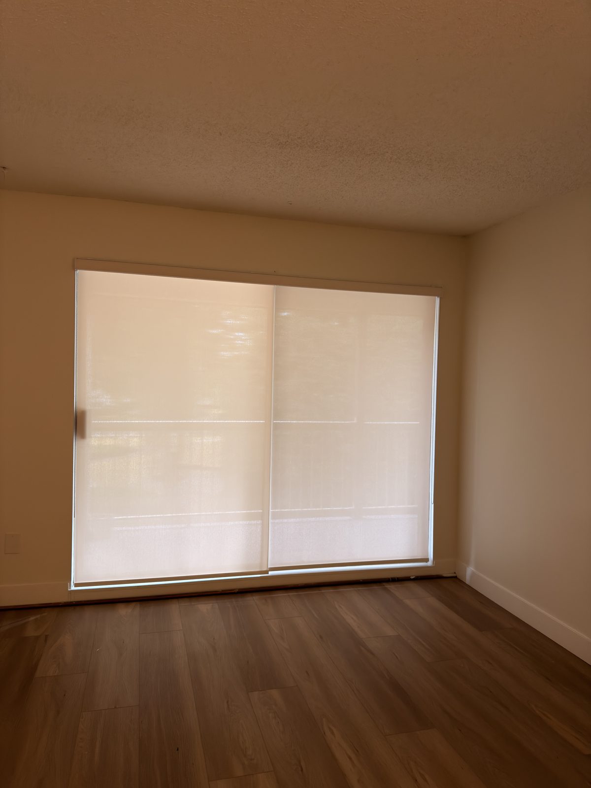 Two light-filtering roller shades, one per panel, installed by SMI on a sliding glass door