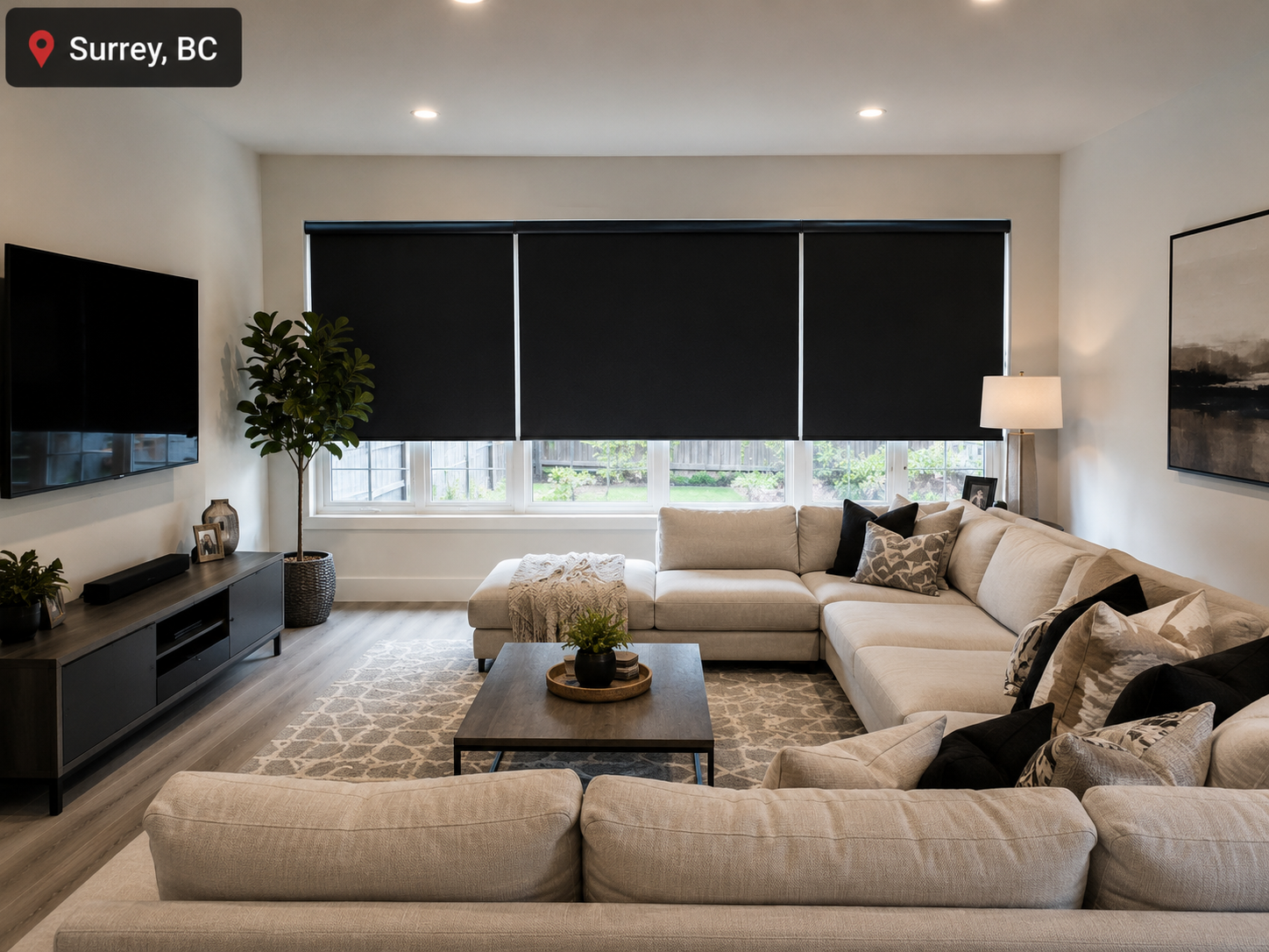 Blackout blinds installed in a Surrey, BC living room