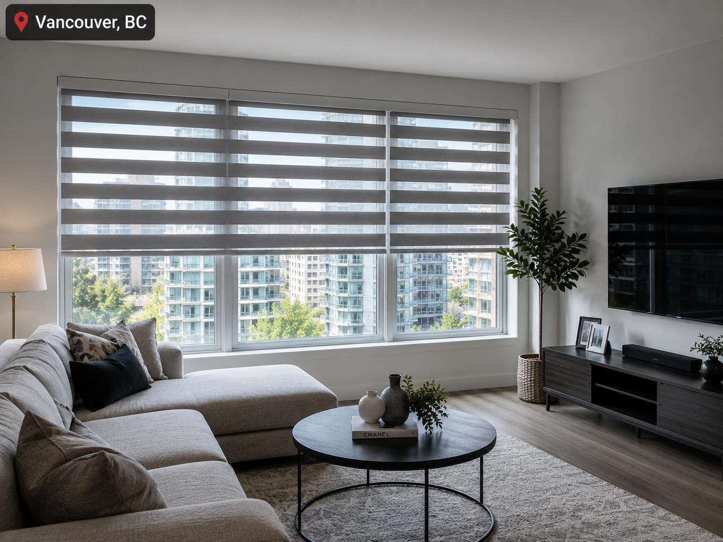 Custom zebra blinds installed in a Vancouver, BC condo